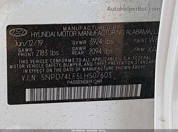 5NPD74LF5LH507603 2020 HYUNDAI ELANTRA White ძრავის განყოფილების ხედი