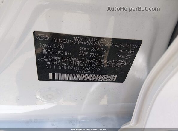 5NPD74LF5LH600119 2020 HYUNDAI ELANTRA White Widok komory silnika