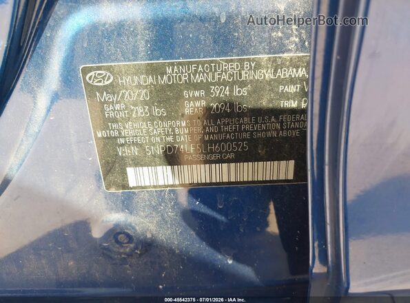 5NPD74LF5LH600525 2020 HYUNDAI ELANTRA Blue Շարժիչի բաժամունքի տեսք