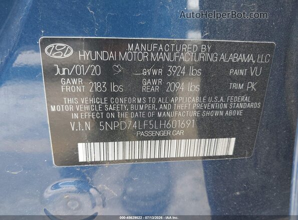 5NPD74LF5LH601691 2020 HYUNDAI ELANTRA Синий Вид подкапотного пространства