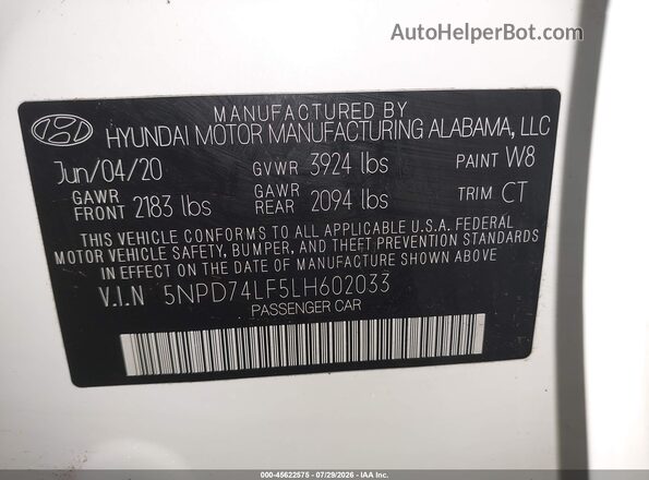 5NPD74LF5LH602033 2020 HYUNDAI ELANTRA White Widok komory silnika