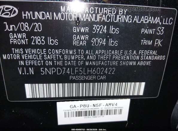 5NPD74LF5LH602422 2020 HYUNDAI ELANTRA Black Շարժիչի բաժամունքի տեսք