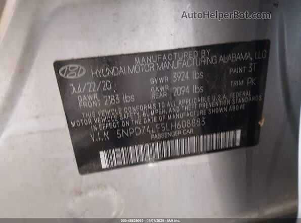 5NPD74LF5LH608883 2020 HYUNDAI ELANTRA Silver ძრავის განყოფილების ხედი