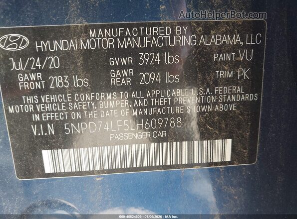 5NPD74LF5LH609788 2020 HYUNDAI ELANTRA Синий Вид подкапотного пространства
