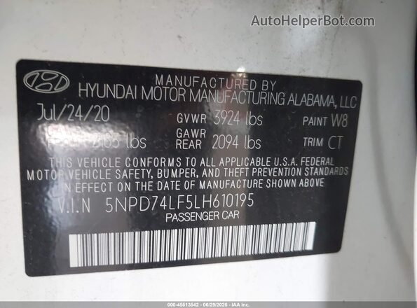 5NPD74LF5LH610195 2020 HYUNDAI ELANTRA  Вид наклейки з VIN-кодом