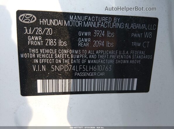 5NPD74LF5LH610763 2020 HYUNDAI ELANTRA White Вид підкапотного простору