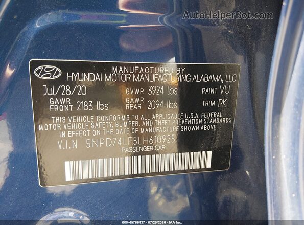5NPD74LF5LH610925 2020 HYUNDAI ELANTRA Blue Engine compartment view