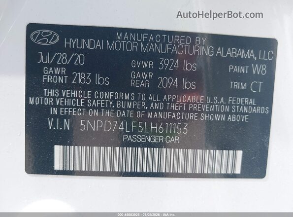 5NPD74LF5LH611153 2020 HYUNDAI ELANTRA White Vista del compartimento del motor