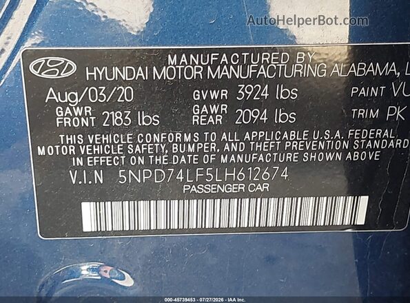 5NPD74LF5LH612674 2020 HYUNDAI ELANTRA Blue Engine compartment view