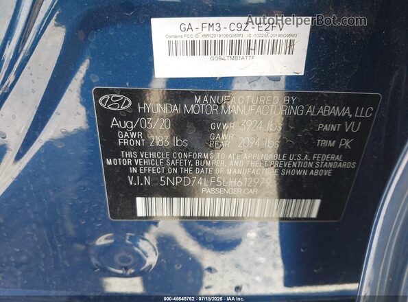5NPD74LF5LH612979 2020 HYUNDAI ELANTRA Blue ძრავის განყოფილების ხედი