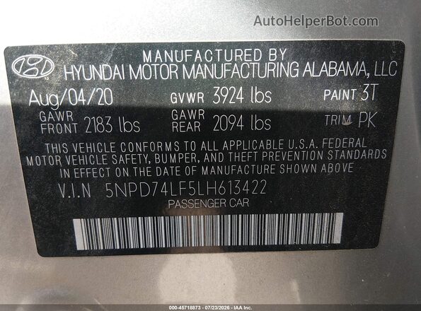 5NPD74LF5LH613422 2020 HYUNDAI ELANTRA Silver Engine compartment view