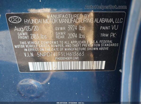 5NPD74LF5LH613663 2020 HYUNDAI ELANTRA Blue Вид підкапотного простору