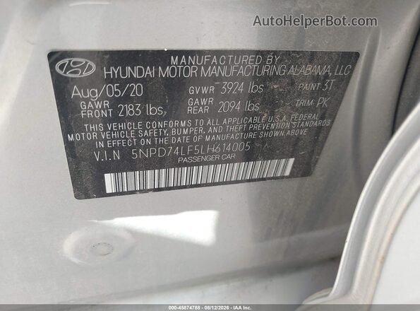 5NPD74LF5LH614005 2020 HYUNDAI ELANTRA Silver Widok komory silnika