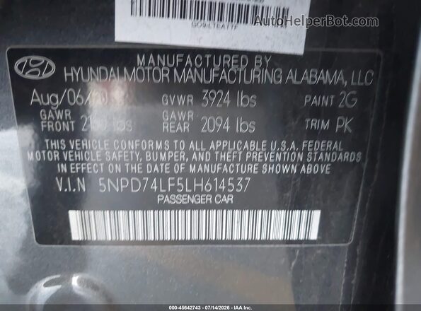 5NPD74LF5LH614537 2020 HYUNDAI ELANTRA Gray Widok komory silnika