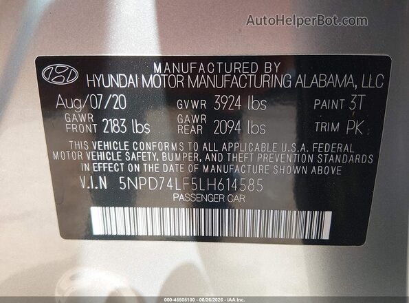 5NPD74LF5LH614585 2020 HYUNDAI ELANTRA Silver Widok komory silnika