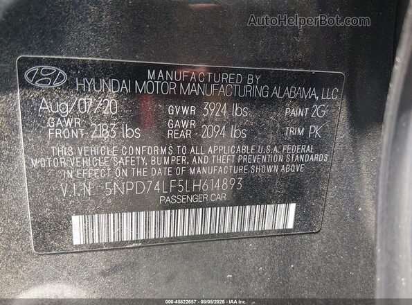 5NPD74LF5LH614893 2020 HYUNDAI ELANTRA Gray Widok komory silnika