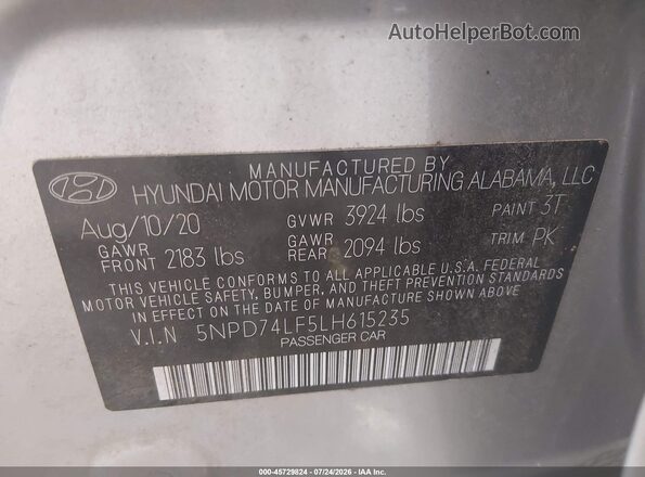 5NPD74LF5LH615235 2020 HYUNDAI ELANTRA Silver Engine compartment view
