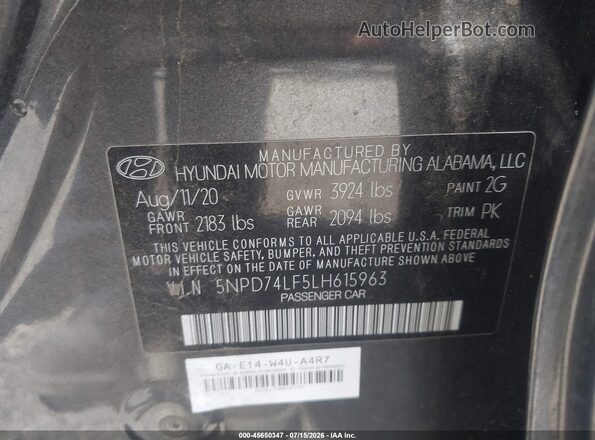 5NPD74LF5LH615963 2020 HYUNDAI ELANTRA Gray Vista del compartimento del motor
