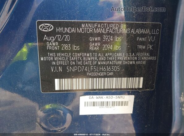 5NPD74LF5LH616305 2020 HYUNDAI ELANTRA Blue Engine compartment view