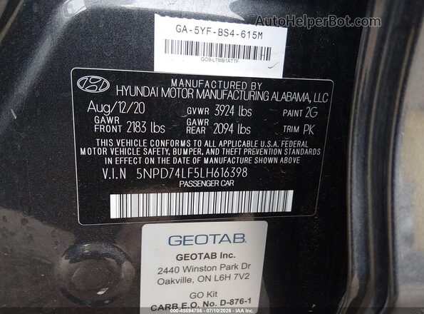 5NPD74LF5LH616398 2020 HYUNDAI ELANTRA Gray Вид підкапотного простору