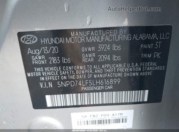 5NPD74LF5LH616899 2020 HYUNDAI ELANTRA Silver Widok komory silnika