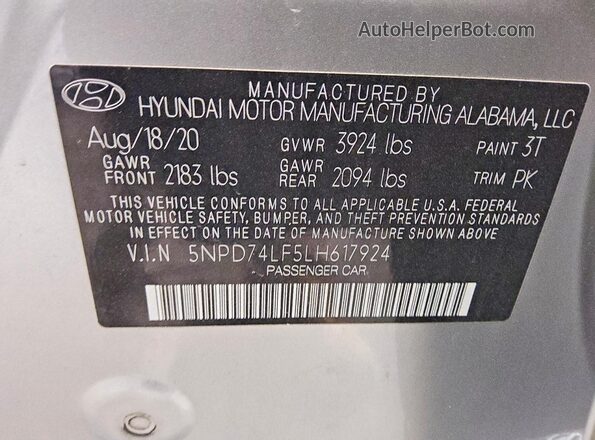 5NPD74LF5LH617924 2020 HYUNDAI ELANTRA Серебряный Вид наклейки с VIN-кодом