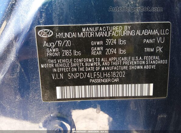 5NPD74LF5LH618202 2020 HYUNDAI ELANTRA Blue Engine compartment view