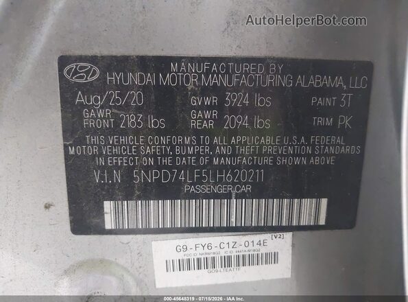 5NPD74LF5LH620211 2020 HYUNDAI ELANTRA Серебряный Вид подкапотного пространства