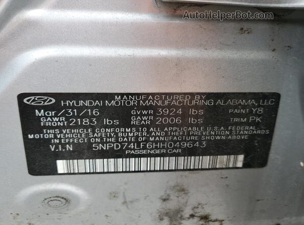 5NPD74LF6HH049643 2017 HYUNDAI ELANTRA Silver Vista del compartimento del motor
