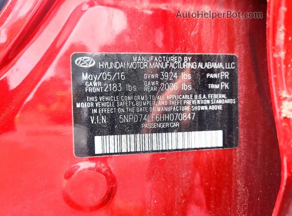 5NPD74LF6HH070847 2017 HYUNDAI ELANTRA Red Widok komory silnika