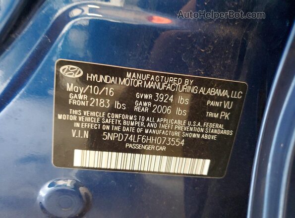 5NPD74LF6HH073554 2017 HYUNDAI ELANTRA Blue Вид підкапотного простору