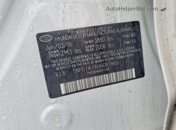 5NPD74LF6HH087860 2017 HYUNDAI ELANTRA White Вид підкапотного простору