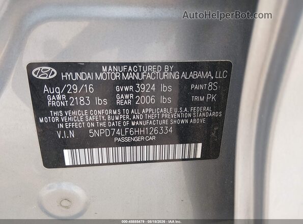 5NPD74LF6HH126334 2017 HYUNDAI ELANTRA Silver Շարժիչի բաժամունքի տեսք