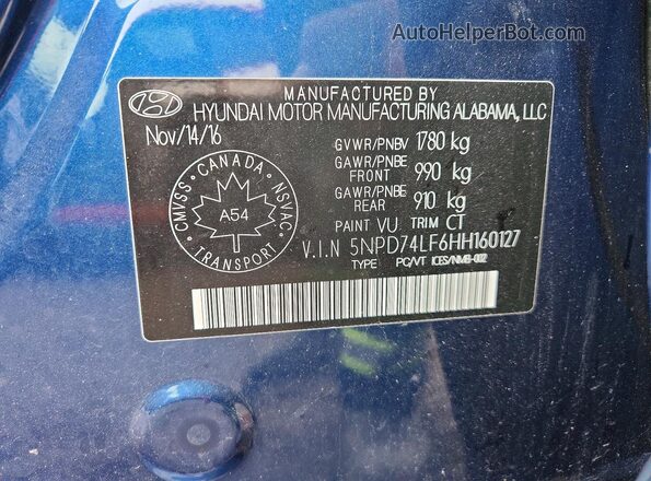 5NPD74LF6HH160127 2017 HYUNDAI ELANTRA Blue Շարժիչի բաժամունքի տեսք