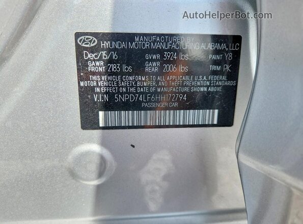 5NPD74LF6HH172794 2017 HYUNDAI ELANTRA Silver Vista de la etiqueta del VIN