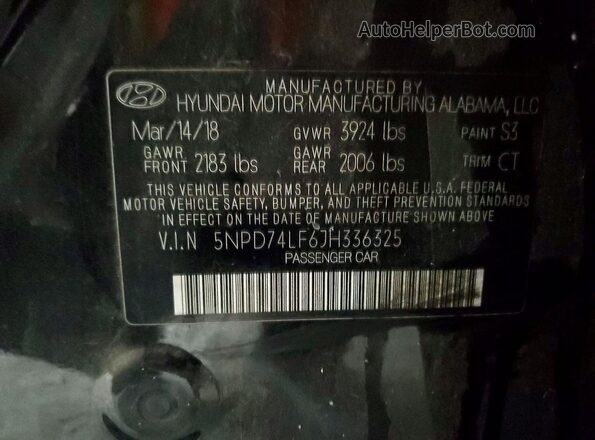 5NPD74LF6JH336325 2018 HYUNDAI ELANTRA Black Engine compartment view