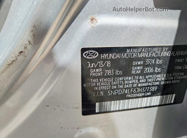 5NPD74LF6JH377389 2018 HYUNDAI ELANTRA Silver Вид наклейки з VIN-кодом