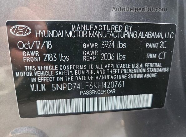 5NPD74LF6KH420761 2019 HYUNDAI ELANTRA Gray Engine compartment view
