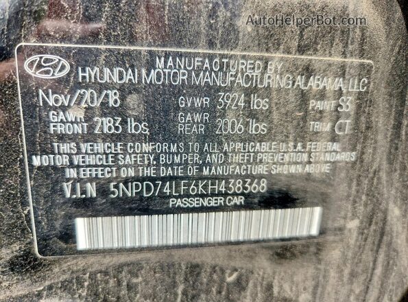 5NPD74LF6KH438368 2019 HYUNDAI ELANTRA Black Widok komory silnika