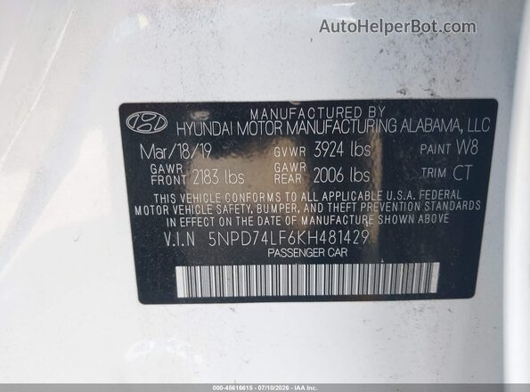 5NPD74LF6KH481429 2019 HYUNDAI ELANTRA White ძრავის განყოფილების ხედი