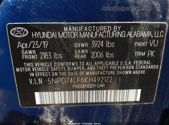 5NPD74LF6KH492172 2019 HYUNDAI ELANTRA Blue Widok komory silnika