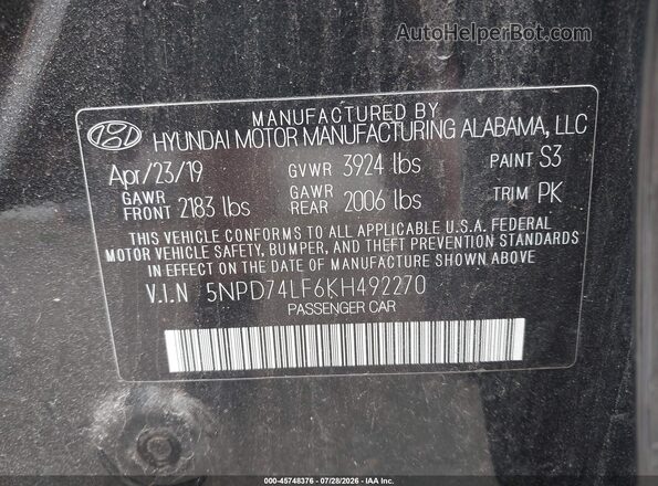 5NPD74LF6KH492270 2019 HYUNDAI ELANTRA Black Շարժիչի բաժամունքի տեսք