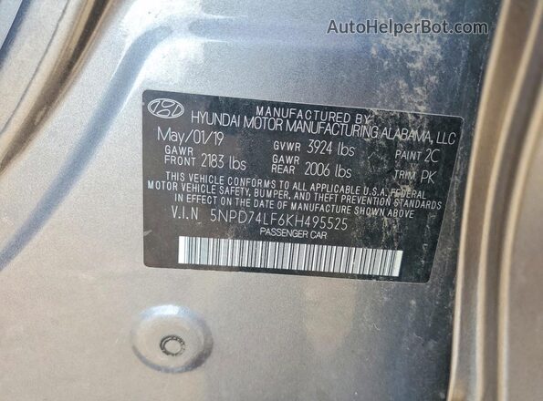 5NPD74LF6KH495525 2019 HYUNDAI ELANTRA Gray ძრავის განყოფილების ხედი