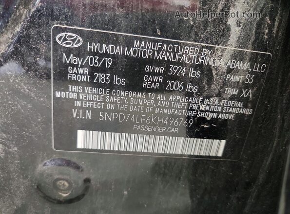 5NPD74LF6KH496769 2019 HYUNDAI ELANTRA Black VIN კოდის სტიკერის ხედი