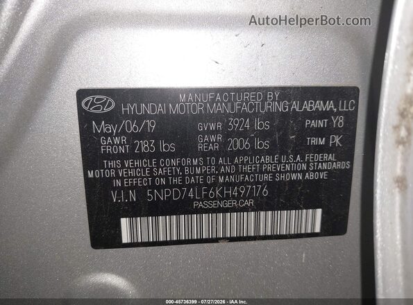 5NPD74LF6KH497176 2019 HYUNDAI ELANTRA Silver Շարժիչի բաժամունքի տեսք