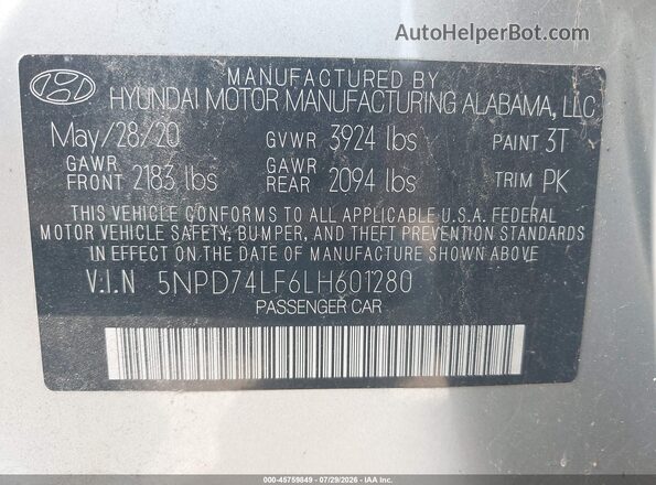 5NPD74LF6LH601280 2020 HYUNDAI ELANTRA Silver Widok komory silnika