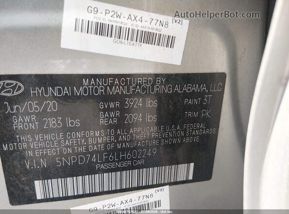 5NPD74LF6LH602249 2020 HYUNDAI ELANTRA Gray Engine compartment view