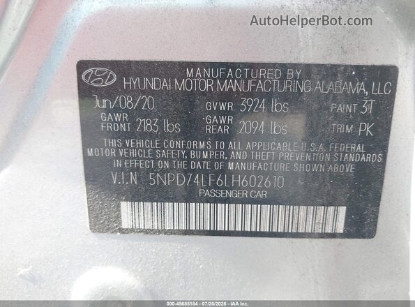 5NPD74LF6LH602610 2020 HYUNDAI ELANTRA Silver Engine compartment view