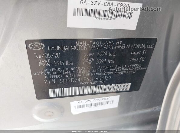 5NPD74LF6LH604129 2020 HYUNDAI ELANTRA Серебряный Вид подкапотного пространства