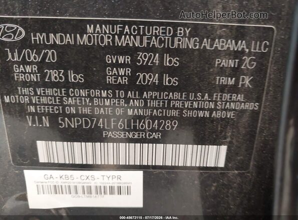 5NPD74LF6LH604289 2020 HYUNDAI ELANTRA Серый Вид подкапотного пространства